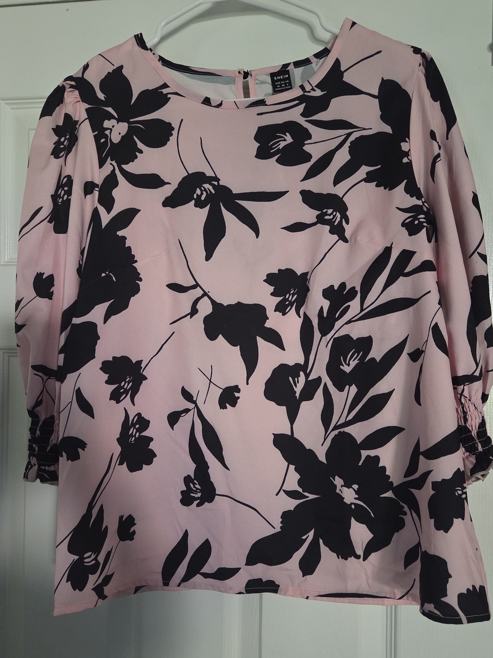 Pink Floral Blouse with Black Print